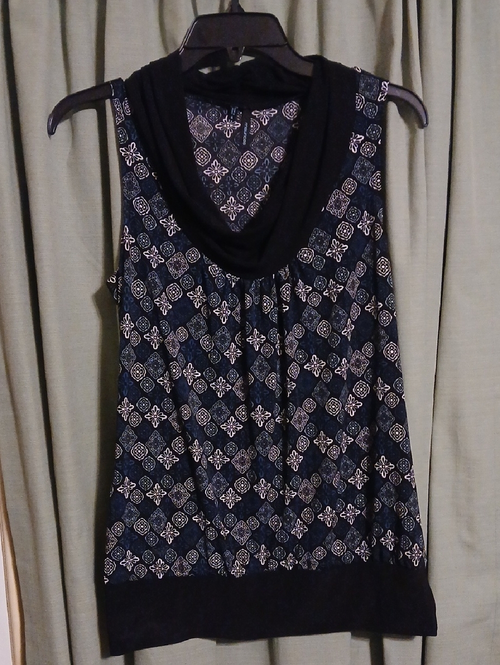 Maurices Navy Blue and White Patterned Sleeveless Cowl Neck Tank